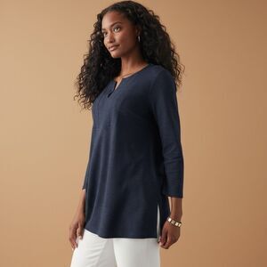 J Jill Women's Blue V-Neck Tunic Top Size M 3/4 Sleeve Casual